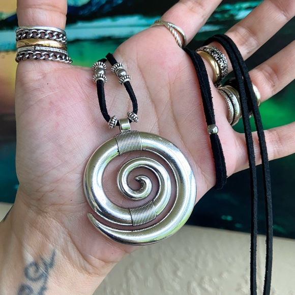 Silver Spiral of life adjustable black suede cord choker or long necklace - Picture 6 of 11